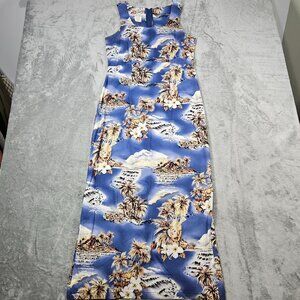 Vintage Hilo Hattie Dress Womens 8 Blue Hawaiian Maxi Beach Tropical